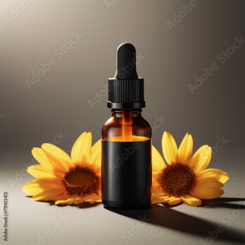 Reusable dark amber glass bottle for oil, cream, lotion or serum on a minimalistic background with  shadows and plants.
