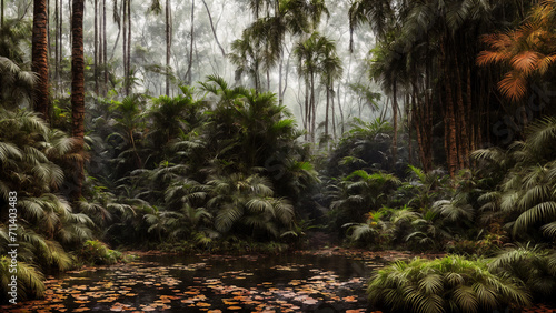 A wild, pristine tropical landscape with a swampy lake and lush vegetation of an impenetrable jungle.