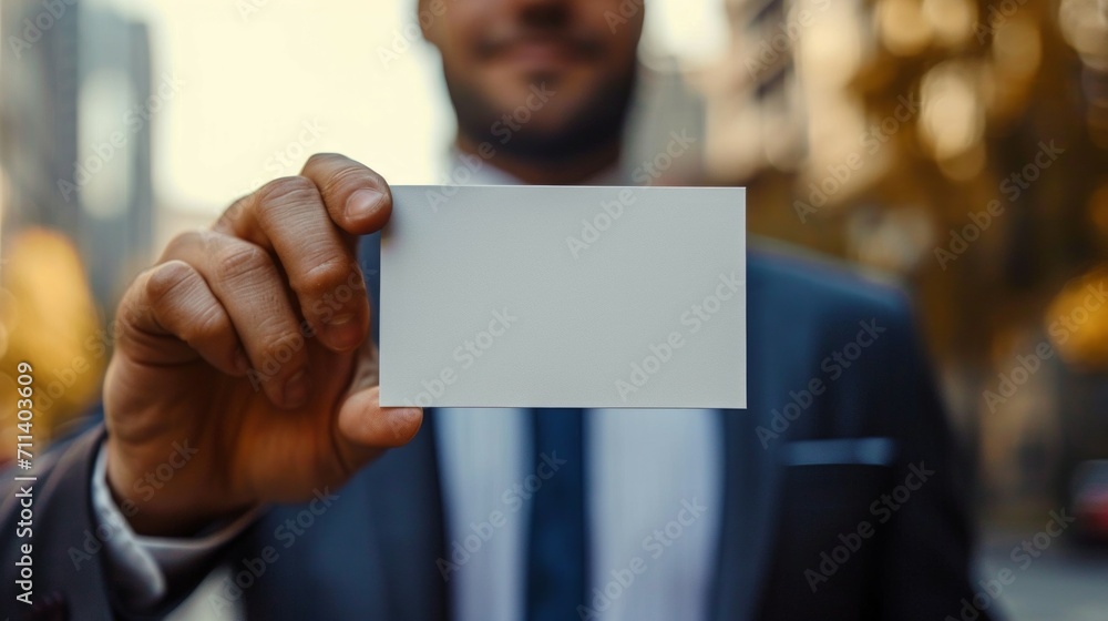 Man holding white business card Man holding white business card