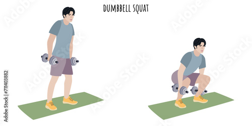 Asian young man doing dumbbell squat exercise