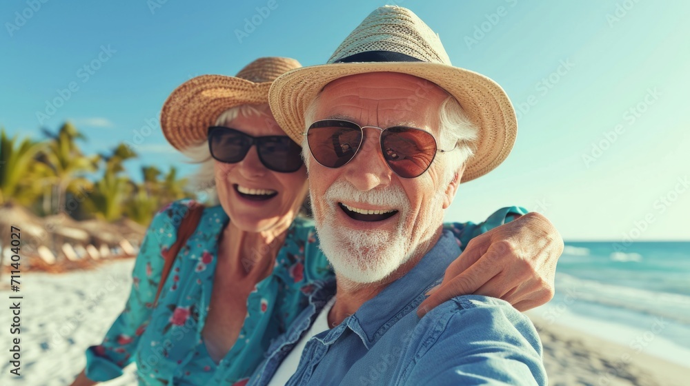 Senior Couple Enjoying Beach Vacation Together in Sun.
