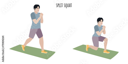 Asian young man doing split squat exercise