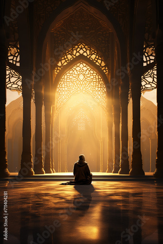 A solitary figure is captured in a moment of peaceful prayer during the holy month of Ramadan, with the rising sun projecting a golden glow through the intricate arches of a large mosque.