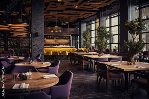 View of stylish empty cafe with arranged tables and chairs for visitors