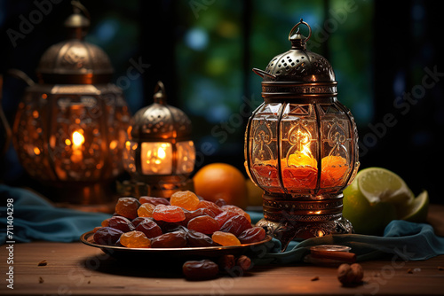 Traditional Ramadan lantern illuminates a peaceful evening indoors. Generative AI.