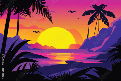Tropical sunset over ocean line vector illustration. Purple and orange colors summer beach landscape background