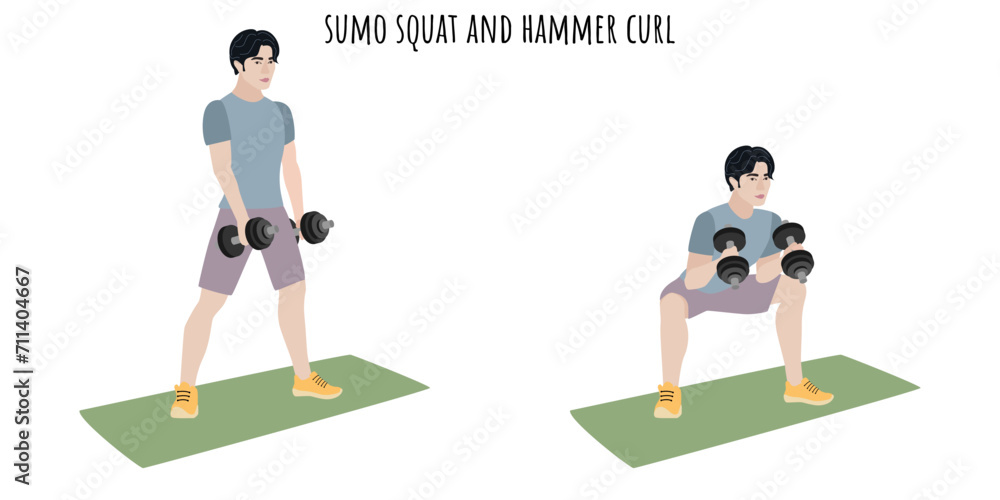 Asian young man doing sumo squat and hammer curl