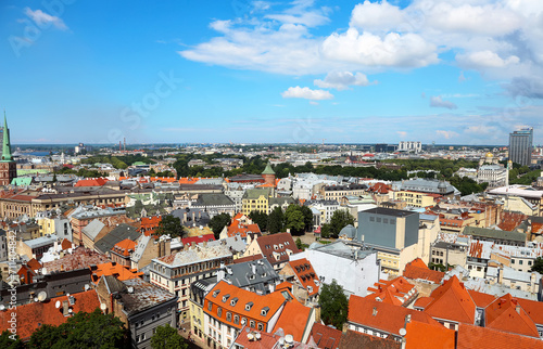 Top view on the old town with beautiful colorful buildings in Riga city, Latvia