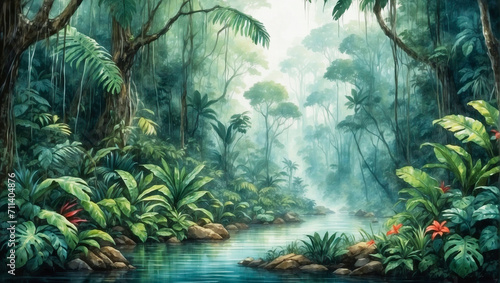 Rainforest, ecology, nature, bio-diversity background. Water color drawing of tropical rain forest