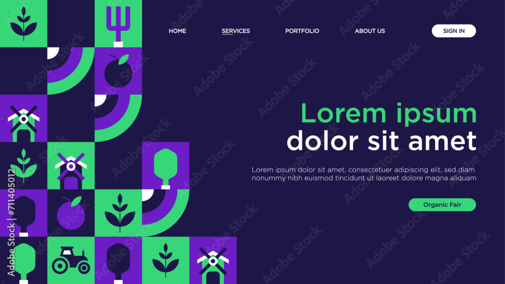 Green eco friendly lifestyle web template mosaic illustration with nature abstract shapes. Sustainable energy concept landing page background. Minimalist environment shape website, geometry collage. - obrazy, fototapety, plakaty 