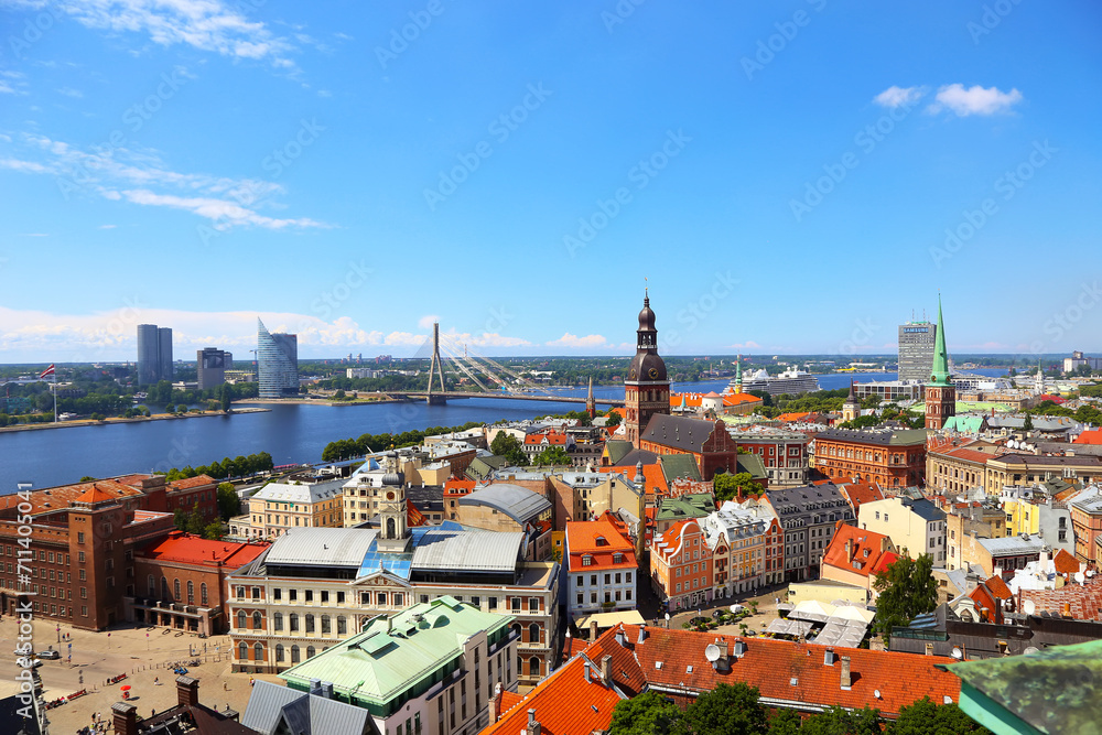 Top view on the old town with beautiful colorful buildings in Riga city, Latvia