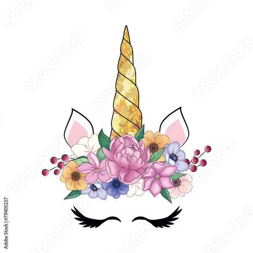 Cute unicorn head with flower crown.
