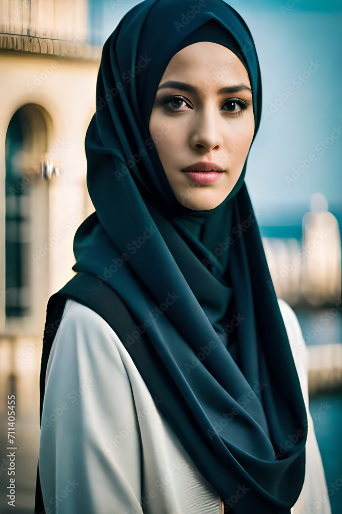 Portrait of beautiful young muslim arabian woman wearing white hijab ...