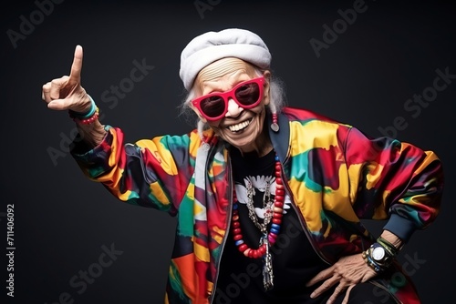 portrait of an old hippie woman on black background with red glasses