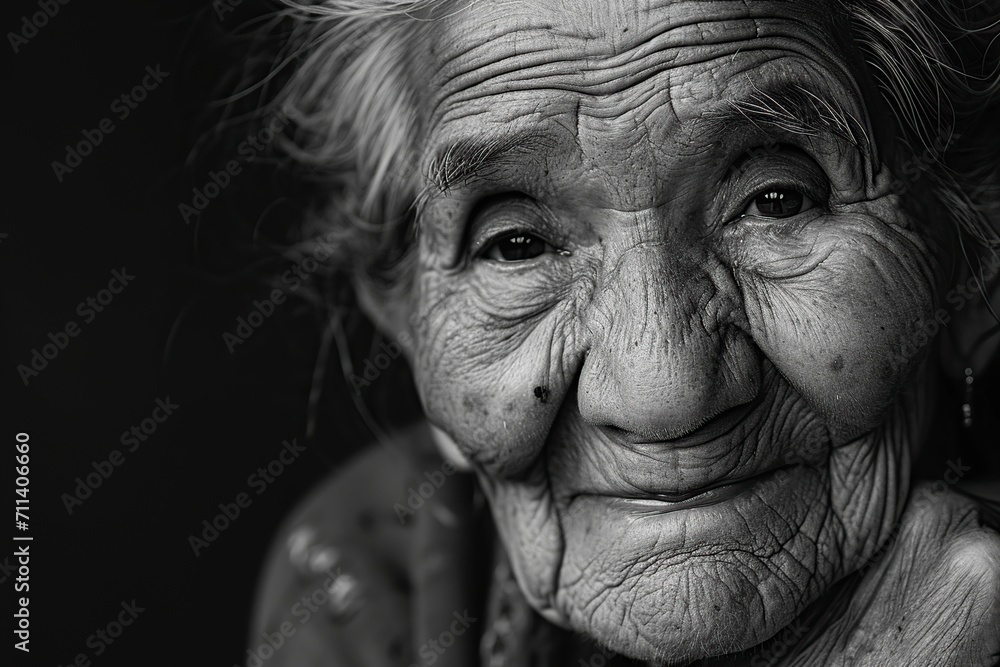 image of an elderly woman with a slight smile, black and white image of an elderly woman with a slight smile, black and white