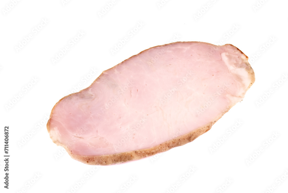 Pork ham sliced on white background.