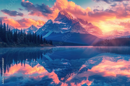 sunrise over the lake.  "Dawn's Majesty: Serene Lake at Mountain Sunrise" © banthita166