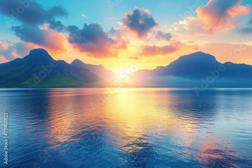 sunset over the lake. "Dawn's Majesty: Serene Lake at Mountain Sunrise"