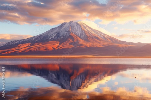 mountain at sunrise. "Dawn's Majesty: Serene Lake at Mountain Sunrise"