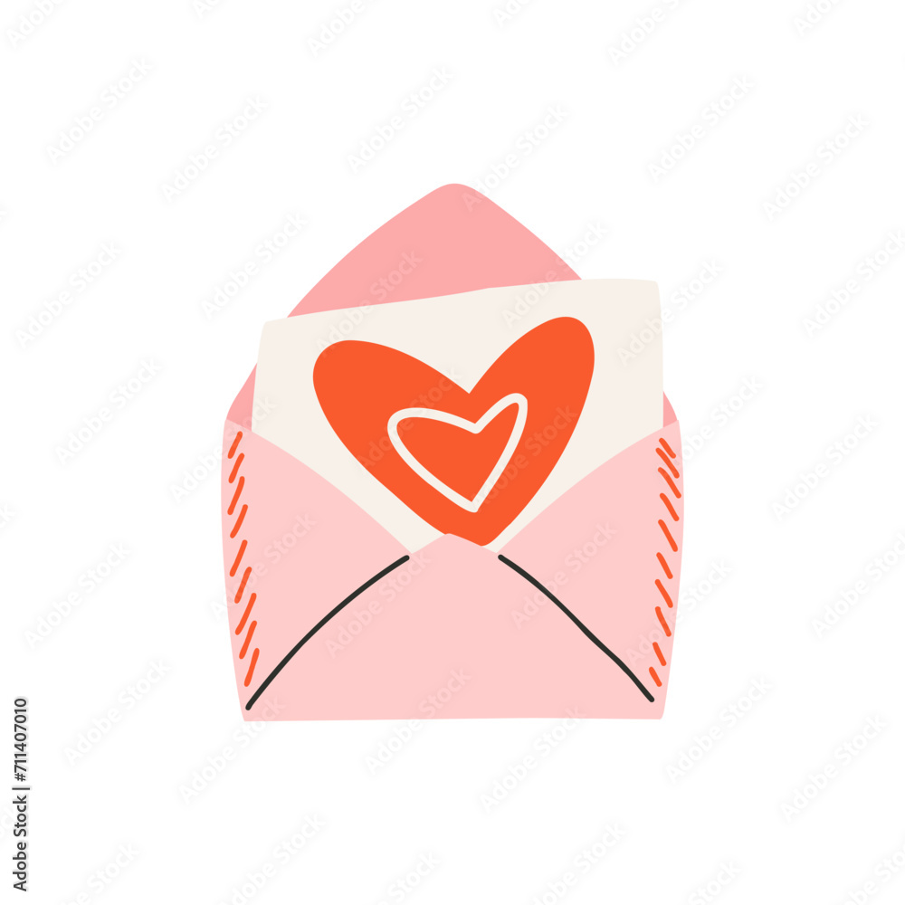 Postcard in envelope with a heart. Symbol of love, romance. Design for Valentine's Day. Postcard in envelope with a heart. Symbol of love, romance. Design for Valentine's Day.