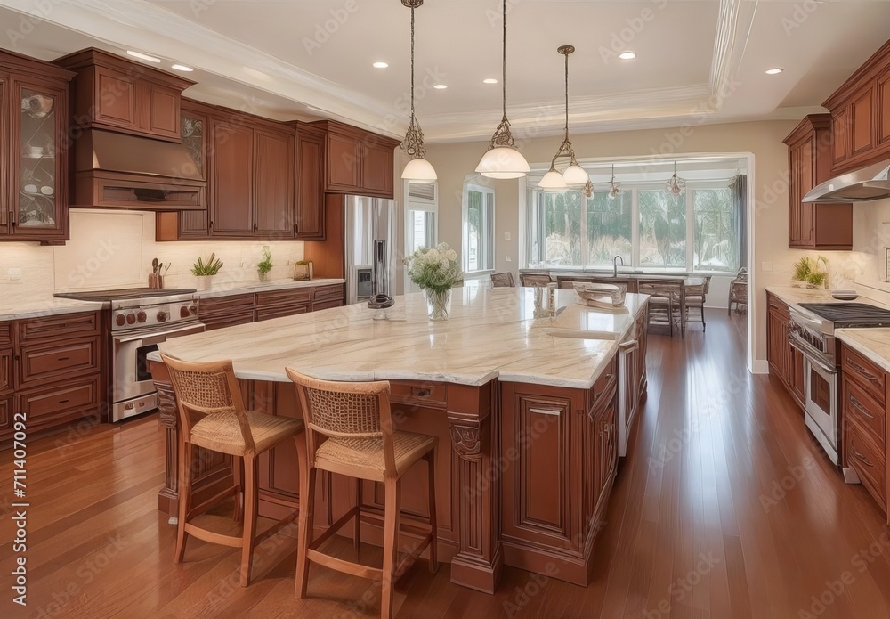 Traditional kitchen in beautiful new luxury home with hardwood floors, wood beams, and large island quartz counters. Includes farmhouse sink, elegant pendant lights, and large windows.
Traditional kitchen in beautiful new luxury home with hardwood floors, wood beams, and large island quartz counters. Includes farmhouse sink, elegant pendant lights, and large windows.