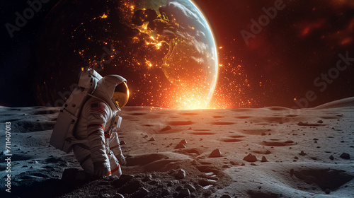An astronaut on the Moon surface looking at the planet Earth exploding in the distance. (AI created) © Andrea Raffin