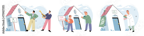 House for sale. Vector illustration People looking for home considered their long-term goals and aspirations Buying new home required financial preparedness and solid credit history Renting