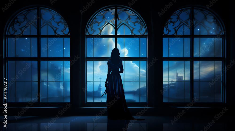 silhouette of muslim woman behind the windows in sunset silhouette of muslim woman behind the windows in sunset