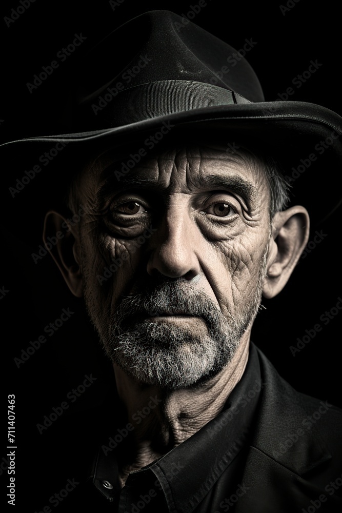 black and white, image of a very serious man wearing a hat black and white, image of a very serious man wearing a hat
