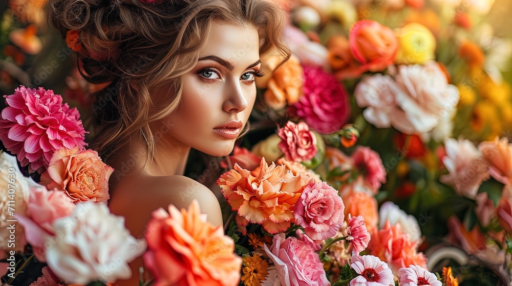 Beautiful woman with a huge bouquet of colorful flowers