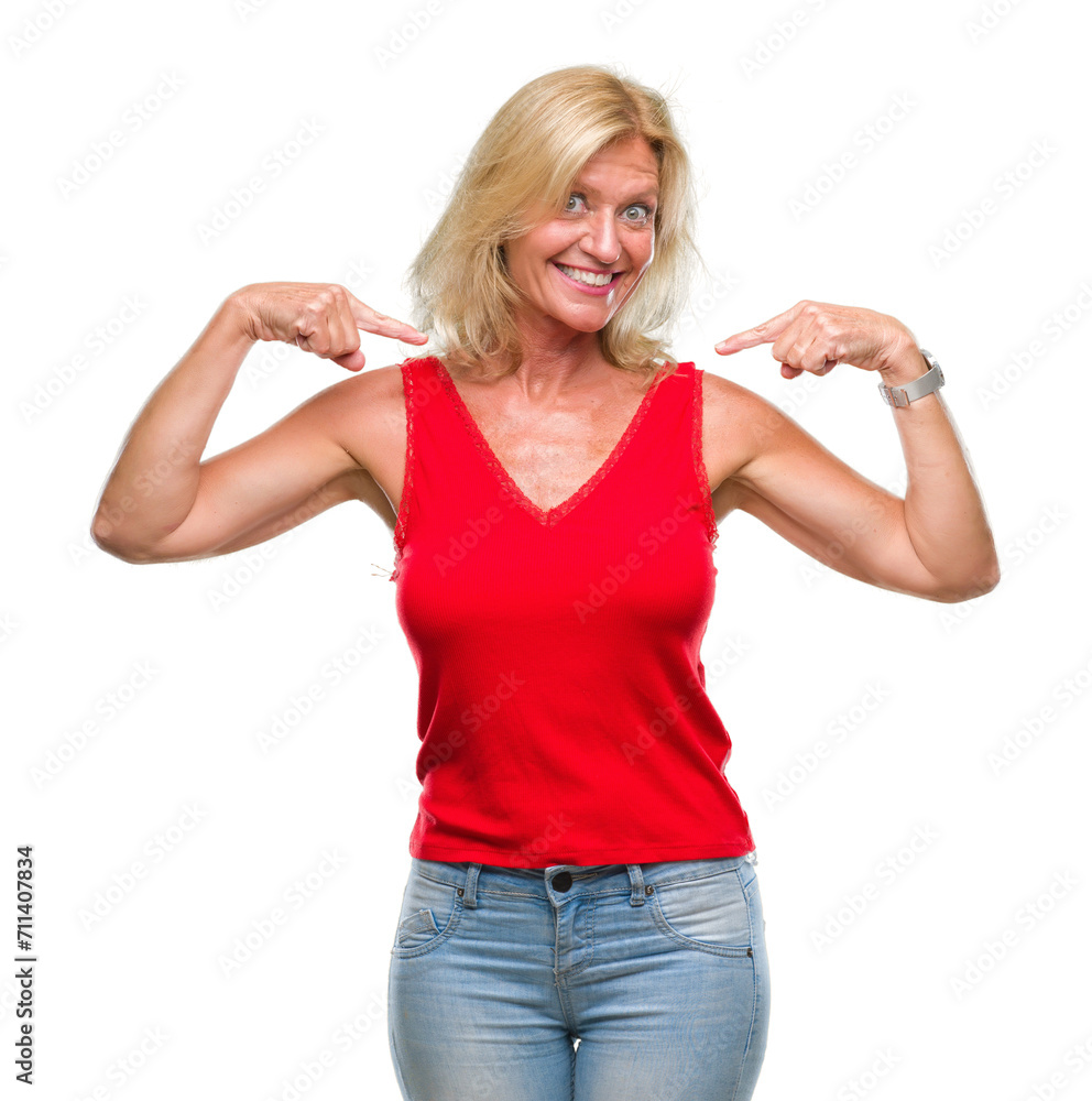 Middle age blonde woman over isolated background looking confident with smile on face, pointing oneself with fingers proud and happy. Middle age blonde woman over isolated background looking confident with smile on face, pointing oneself with fingers proud and happy.