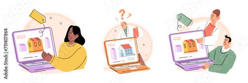 House for sale. Vector illustration Buying residential property required obtaining homeowners insurance and title insurance The buying house concept inspired individuals to work towards