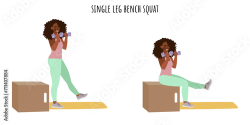 Young woman doing single leg bench squat exercise