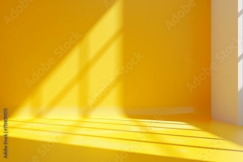 Empty yellow room interior with window shadow. Abstract studio background template for product presentation and display.