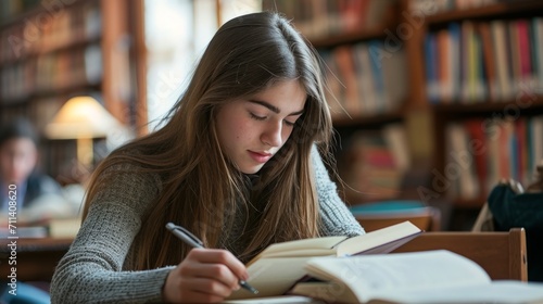 Portrait of a young female student preparing for exams in a library Determined student studying diligently in a library, surrounded by books and notes.