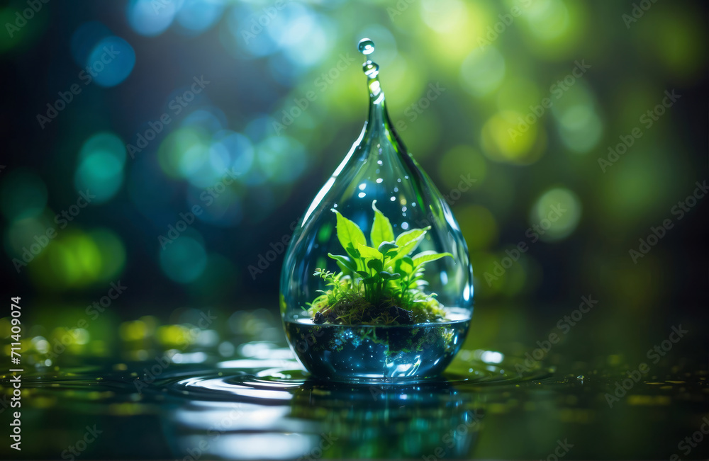 drops of water with living vegetation growing inside in fresh blue watery bokeh background, World Water Day banner concept with copy space