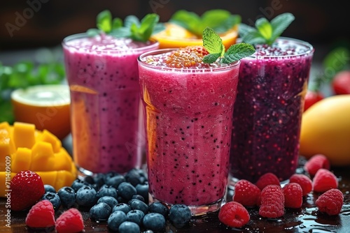 Summer colorful fruit smoothies in glasses on the table. Berries and fruits are lying nearby
