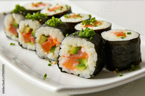 Sushi rolls on white plate on white background