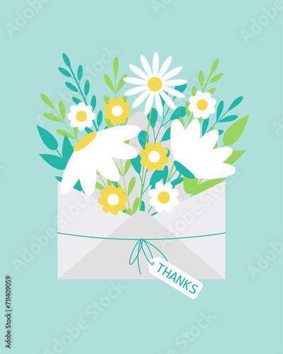 A bouquet of flowers in a postal envelope. Thank you card. Spring flowers