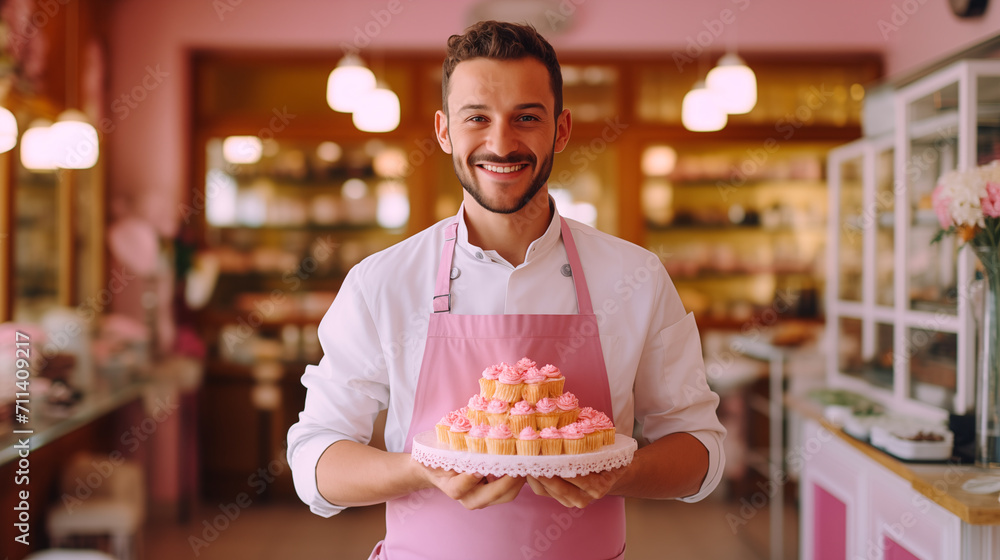 Man confectioner holds a cupcakes with a pink cream in his hands and stands against the background of a restaurant. He prepared delicious treats on Valentine's Day for lovers or a wedding. Man confectioner holds a cupcakes with a pink cream in his hands and stands against the background of a restaurant. He prepared delicious treats on Valentine's Day for lovers or a wedding.
