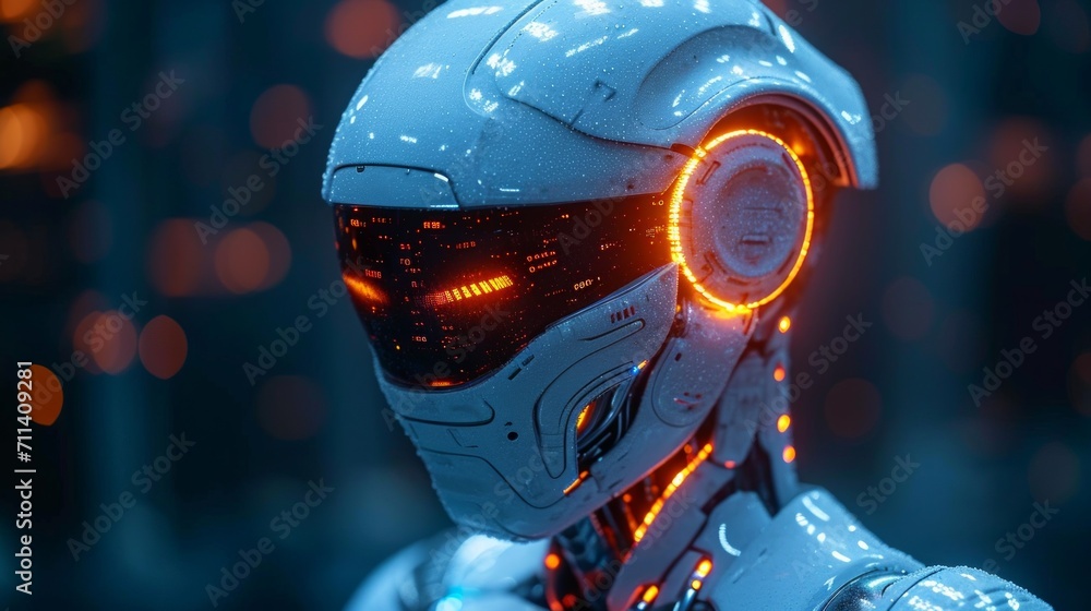 Ai robot on dark blur background with copy space for text.  - obrazy, fototapety, plakaty 