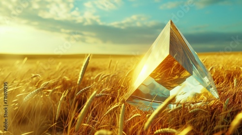 A golden Hexahedron diamond filled with wheat on the ground, a wheat in the Hexahedron diamond photo