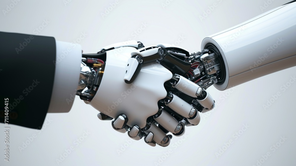 Business handshake symbolizing collaboration between robot and robot partners or friends. Business handshake symbolizing collaboration between robot and robot partners or friends.