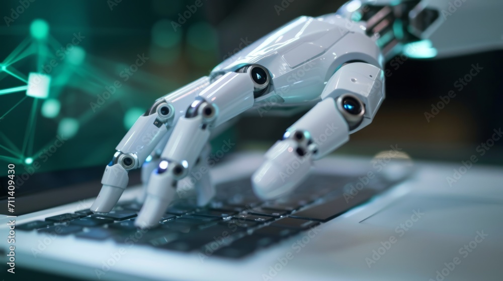 AI android robot hands writing text on laptop keypad. Fresh perspective on the concept of AI. AI android robot hands writing text on laptop keypad. Fresh perspective on the concept of AI.
