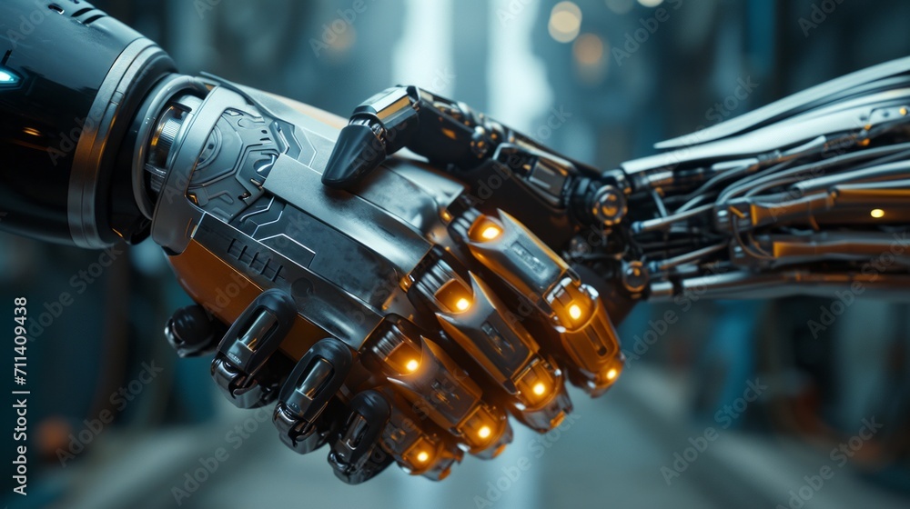 Business handshake symbolizing collaboration between robot and robot partners or friends. Business handshake symbolizing collaboration between robot and robot partners or friends.