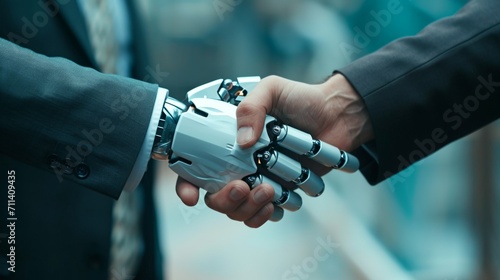 Business handshake symbolizing collaboration between robot and human partners or friends.  © nataliia_ptashka