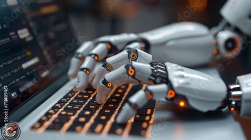 AI android robot hands writing text on laptop keypad. Fresh perspective on the concept of AI. 