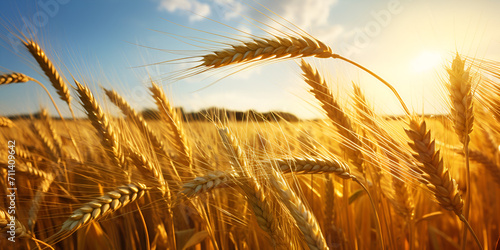golden wheat, nature nature summer sun sunset blue sky background.