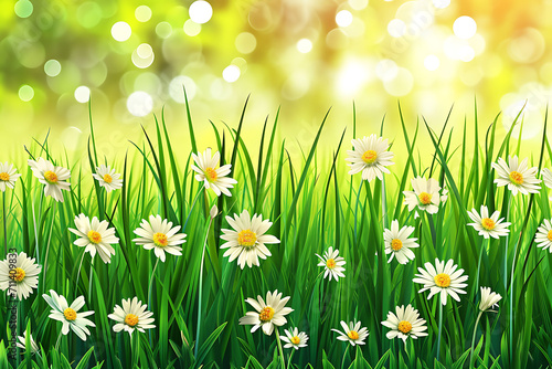Spring Symphony Illustration of Lush Green Grass Adorned with Blooming daisy Flowers in bokeh light background, Capturing the Vibrancy of the Season. © Pixel Pioneer