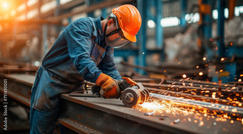 Worker in industrial factory working on steel production manufacturing line with welding equipment Worker in industrial factory working on steel production manufacturing line with welding equipment